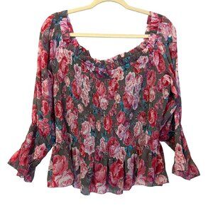 Torrid Crinkle‎ Chiffon Floral Blouse Top 3X Smocked Off Shoulder Gray Pink